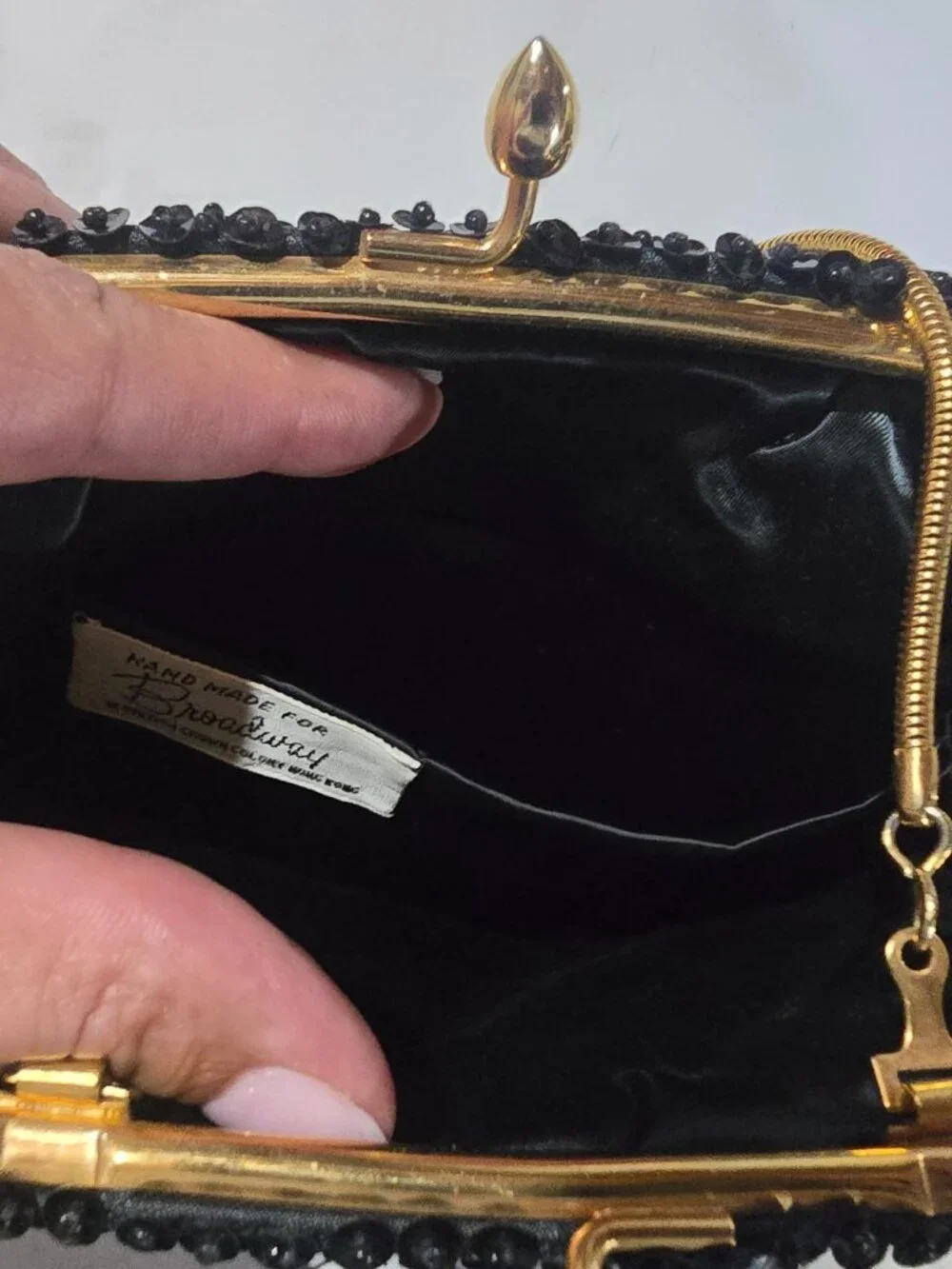 Vintage Hand Made for Broadway Black Beaded Sequin Evening Bag Clutch Gold Chain